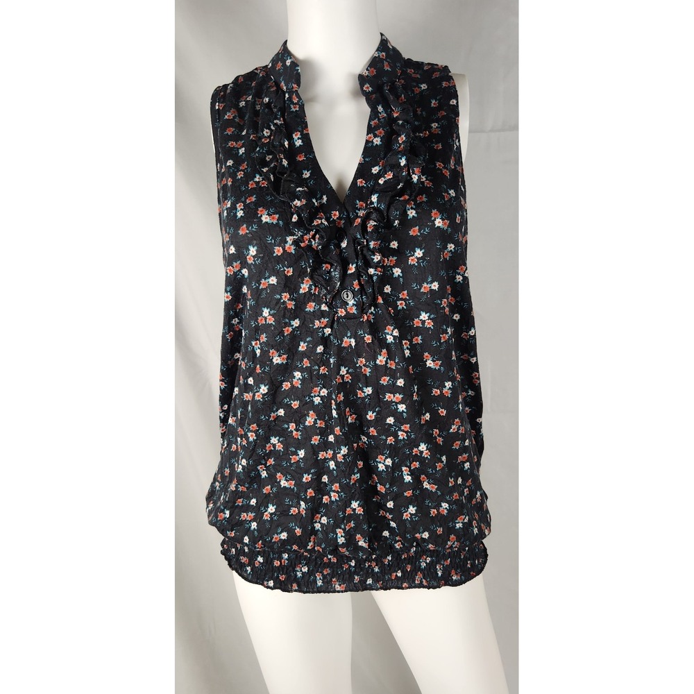 Lolli Semi‑Sheer Knit Floral Ruffle Neck Smocked Hem Blouse XL